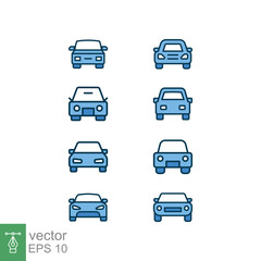 Car front view icon set. Simple filled outline style sign symbol. Auto sport race, transport concept. Vector illustration collection isolated on white background. EPS 10.