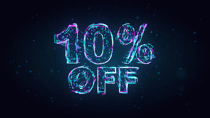 Futuristic Blue Purple Shiny 10 Percent Off Text 3d Lines Effect And Square Dots Particles On Dark Blue Glitter Dust Background