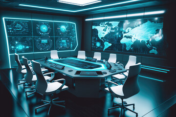 A futuristic conference room with holographic technology and digital displays, generative ai