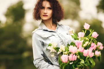 Naklejka premium 花束を持った女性 with generative ai