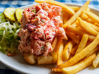 Lobster salad with french fries, salad and pickled cucumber on a white plate with blue and white...
