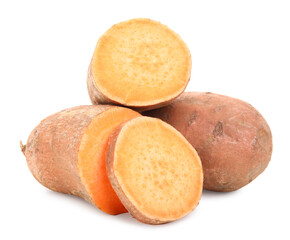 Whole and cut sweet potatoes on white background
