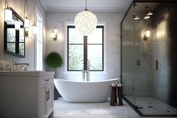 Contemporary bathroom with a freestanding tub, large shower, and statement lighting. Generative ai