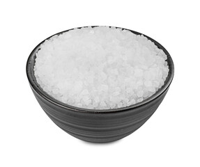 Ceramic bowl with natural sea salt isolated on white