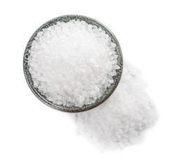 Ceramic bowl and heap of natural sea salt isolated on white, top view