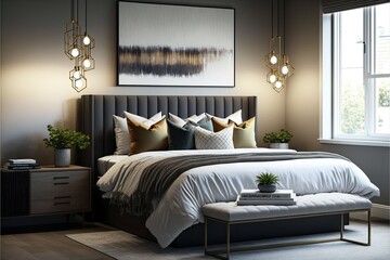 Fototapeta premium Contemporary bedroom with a large platform bed, a variety of accent pillows, and a statement lighting fixture. generative ai
