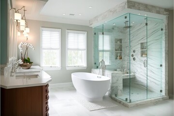 Fototapeta na wymiar Luxurious spa-like bathroom with a large glass-enclosed shower and a freestanding tub. Generative AI
