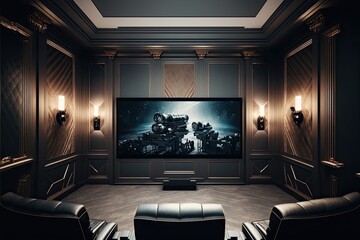 Luxury home theater with a large projection screen, a variety of reclining chairs, and a modern sound system. Generative AI - obrazy, fototapety, plakaty