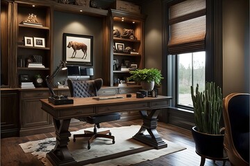 Sophisticated home office with a large wooden desk, built-in shelves, and a comfortable office chair. Generative AI