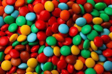 Tasty colorful candies as background, top view