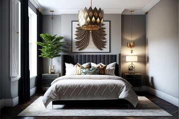 Stylish bedroom with a king-sized bed, large nightstands, and statement lighting. Generative ai