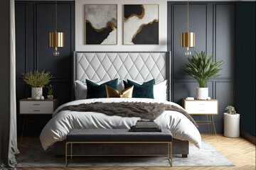 Stylish bedroom with a large platform bed, a variety of accent pillows, and a variety of elegant accents. generative ai
