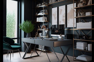 Stylish home office with a sleek metal desk and a wall of built-in shelves. generative ai