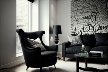 Stylish living room with black calligraphy art wallpaper, featuring a comfortable armchair and a contemporary glass-topped coffee table. generative ai