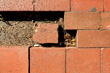 Missing Bricks in Sidewalk with Dirt and Cigarette Butt