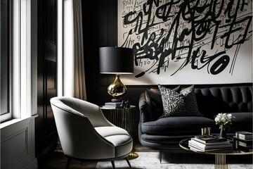 Stylish living room with black calligraphy art wallpaper, featuring a comfortable armchair and a contemporary glass-topped coffee table. generative ai