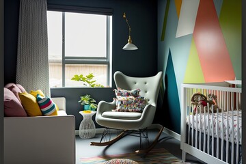 Stylish nursery with a modern crib, comfortable rocking chair, and colorful accent wall. Generative ai.