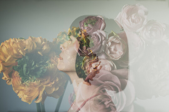Double Exposure Beautiful Woman and Flowers