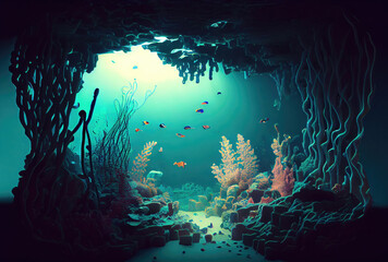 Fototapeta na wymiar Deep sea and aquatic life with sunshine background. Marine life and undersea concept. Generative AI