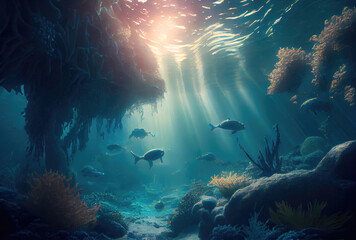Fototapeta na wymiar Deep sea and aquatic life with sunshine background. Marine life and undersea concept. Generative AI