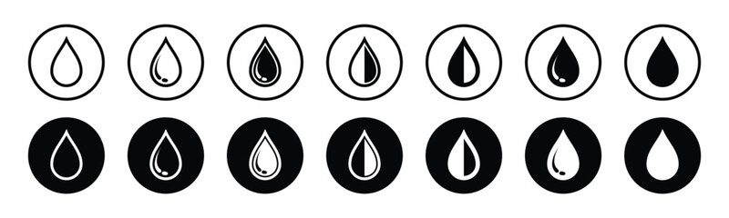 Water drops icon set. Water droplets icon collection in the circle. Raindrops sign in outline and flat style. Water or oil drop symbol for apps and websites, vector illustration