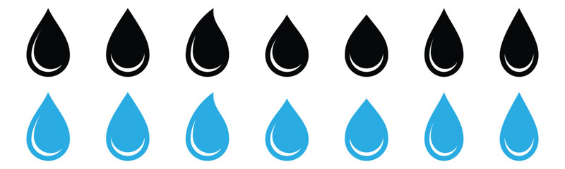 Water drops icon set. Water droplets icon collection. Raindrops sign in flat style. Blue water or oil drop symbol for apps and websites, vector illustration