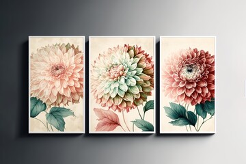 Watercolor painting of Dahlia flowers hanging on the wall. Generative AI illustration