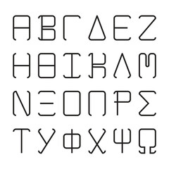Greek alphabet letters, monospace font set, rectangular letters with round corners, line typeset, black isolated on white background, vector illustration.