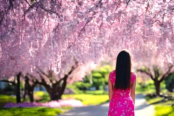 桜とピンクのドレスを着た女性　春　後ろ姿　with generative ai