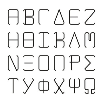 Greek alphabet letters, monospace font set, rectangular letters with round corners, line typeset, black isolated on white background, vector illustration.
