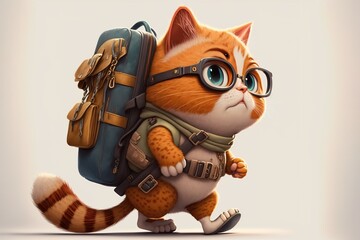 Adorable cat with eyeglass ready for adventure. Animated cartoon style. Generative AI illustration