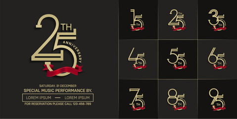 set of anniversary golden color with red ribbon for special celebration event