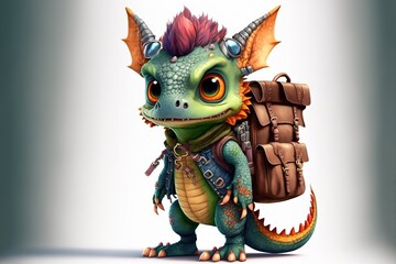Baby dragon wearing backpack ready for adventure. Generative AI illustration