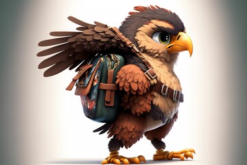 Cute baby eagle wearing backpack ready for exploring. Generative AI illustration