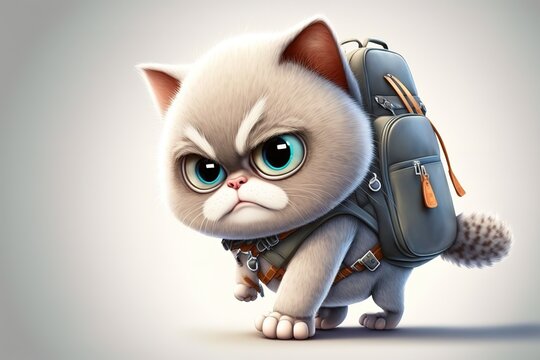 Cute angry baby cat with backpack in three-dimensional animated cartoon style. Generative AI illustration