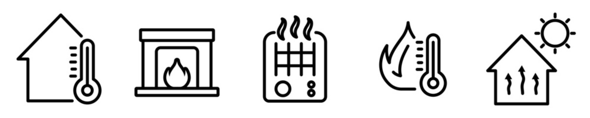 Conjunto de iconos de calefacción de la casa. Temperatura del clima. Diferentes fuentes de calor. Ilustración vectorial - obrazy, fototapety, plakaty