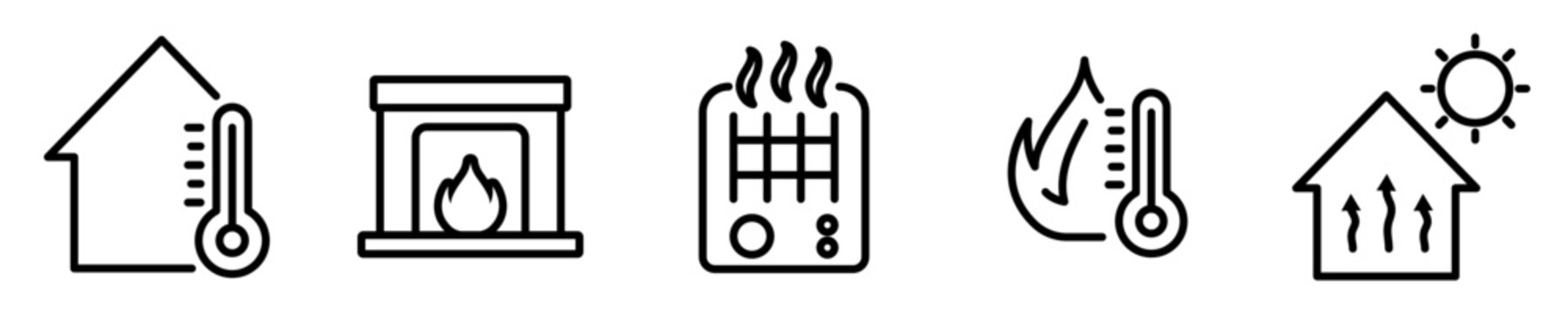 Conjunto de iconos de calefacción de la casa. Temperatura del clima. Diferentes fuentes de calor. Ilustración vectorial