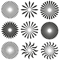 black circles with rays. Round shape. Vector illustration.