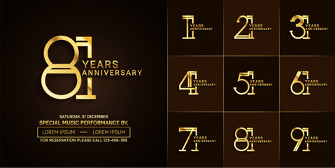 set of anniversary glossy golden color with brown background for special celebration event