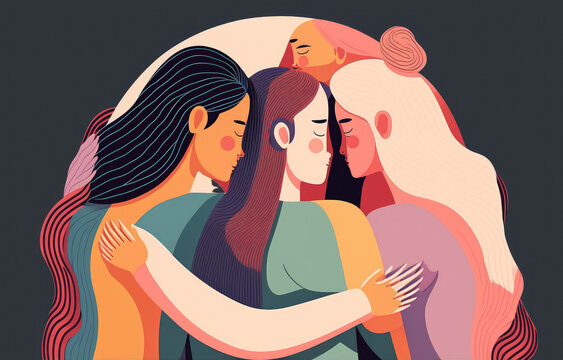 Empowered Women: Friends Group Hug in Celebration of International Women's Day, Generative AI