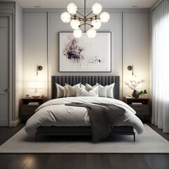 rendering of modern bedroom, high ceiling, bold, minimal and calm, neutral tone