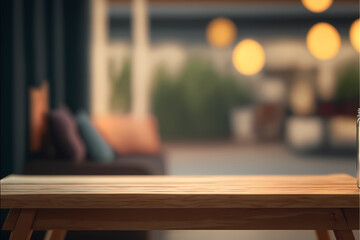 Ultra realistic illustration of a procduct wooden table with a unfocused background