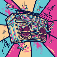 Music design - hand drawn colorful boom box tape recorder and musical notes