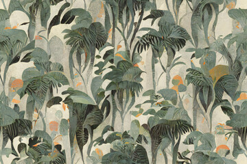 Vintage tropical jungle pattern for seamless wallpaper, fabric, texture, tapestry, background, green, beige, muted colors