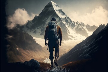 Obraz premium Man Walking Towards A Mountain - Motivational Poster Background Idea