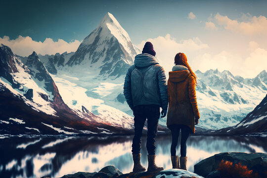 a young couple Looking at the beautiful mountain view, Generative AI