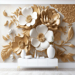 3d wallpaper flowers made of white and gold decorative gypsum