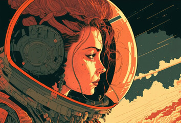 Graphic Novel Style Image of a Pensive Female Astronaut Looking at a Starry Sky. Space Woman. [Sci-Fi, Fantasy, Historic, Horror Character Portrait. Video Game, Anime, Comic, or Manga Illustration.]