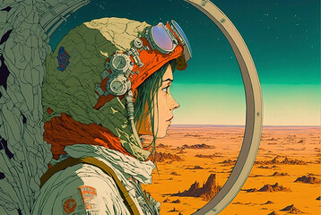 Graphic Novel Style Image of a Pensive Female Astronaut Looking at a Starry Sky on an Alien Planet. Space Woman. [Science Fiction Landscape. Graphic Novel, Video Game, Anime, Manga, or Comic]