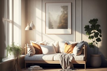 Aesthetic and modern living room in neutral colours. Generative AI. - obrazy, fototapety, plakaty